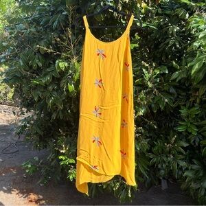 Animale mustard yellow floral sheer draped sleeveless midi dress
